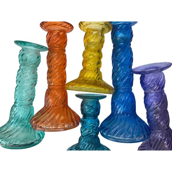 Vintage May Department St. Rainbow colorful glass candle stick holders set of 6 - Picture 9 of 16